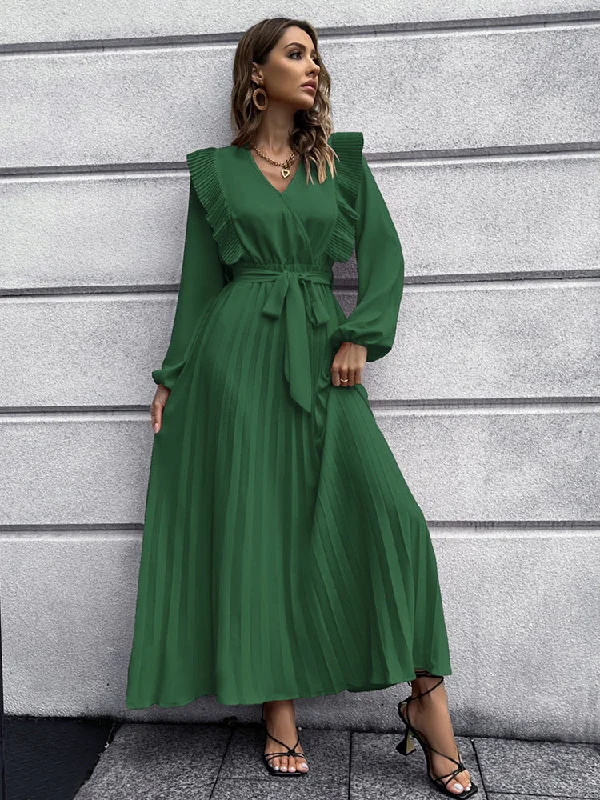 Long Ruffle Sleeve Waist Tie Loose Maxi Dress Elegant Maxi Dress with Pockets