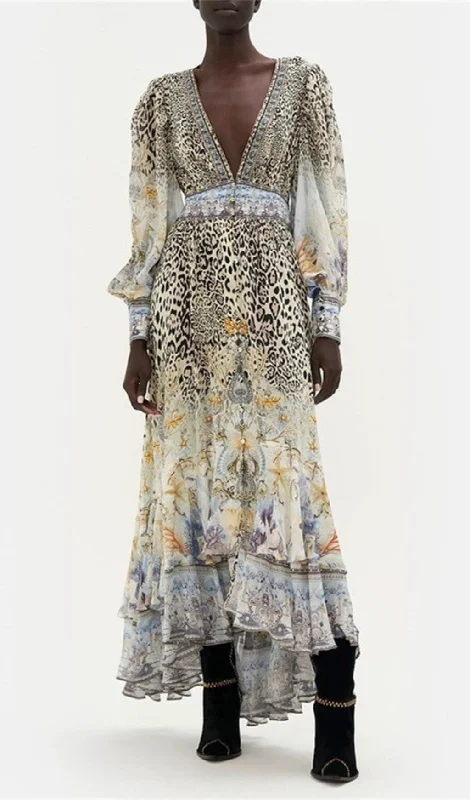 LONG SLEEVE DEEP V-NECK LEOPARD PATTERN WRAPPED WAIST MAXI DRESS Stylish Long Sleeve Maxi Dress