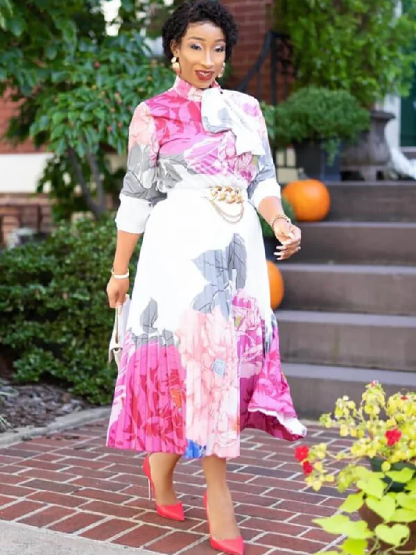 Long Sleeve Floral Print Pleated Maxi Dresses Trendy Button Front Maxi Dress