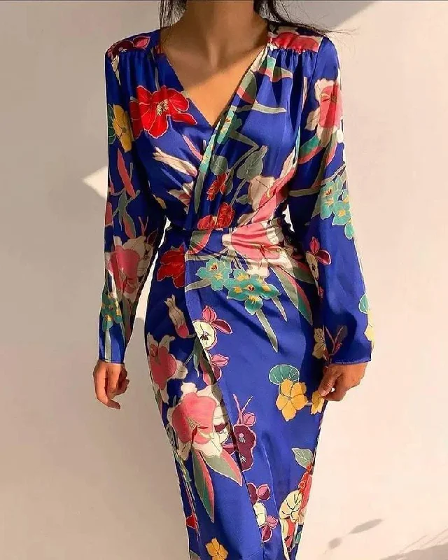 LONG SLEEVE FLORAL PRINT V NECK MAXI DRESS Elegant Velvet Maxi Dress