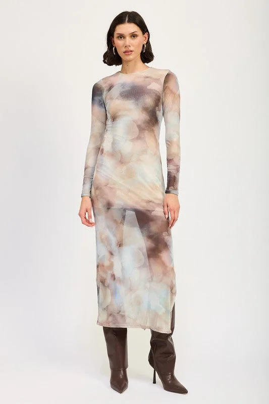 LONG SLEEVE MAXI DRESS WITH SLIT Stylish V-Neck Maxi Dress