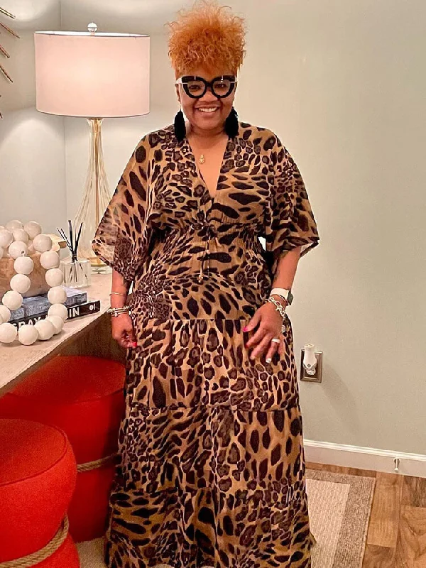 Long Sleeve V Neck Leopard Swing Maxi Dress Elegant Silk Maxi Dress