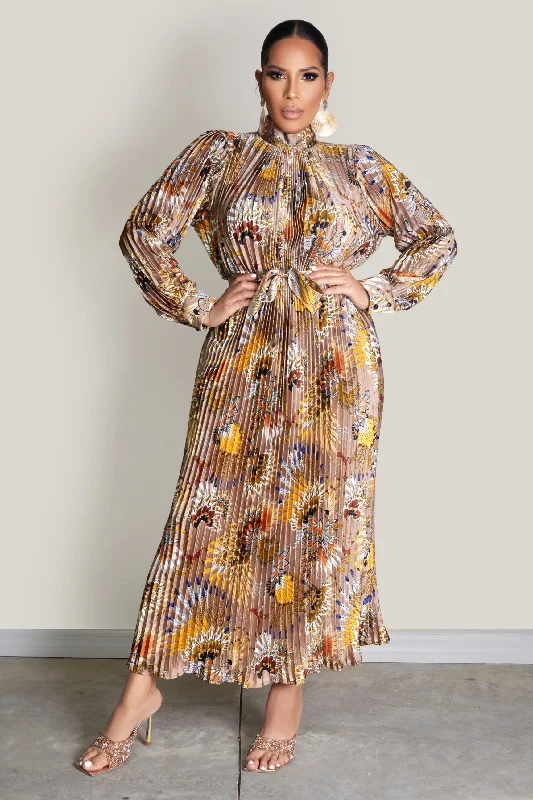 Long Sleeves Pleated Maxi Dress Fashionable Sheer Maxi Dress