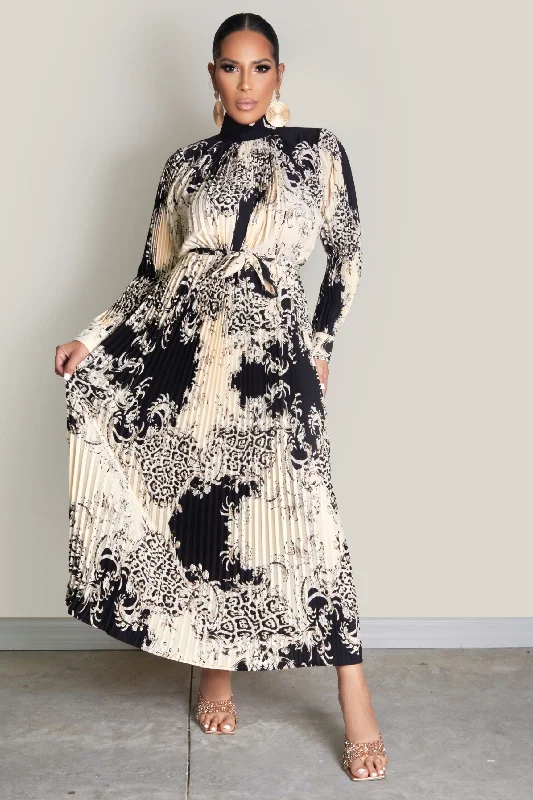 Long Sleeves Pleated Maxi Dress Trendy Maxi Dress with Bow