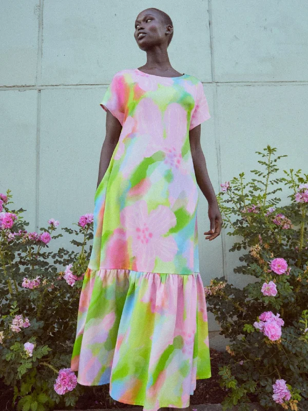 Pink Bloom Maxi Dress Pastel Pink/Green Cozy Cold-Shoulder Maxi Dress