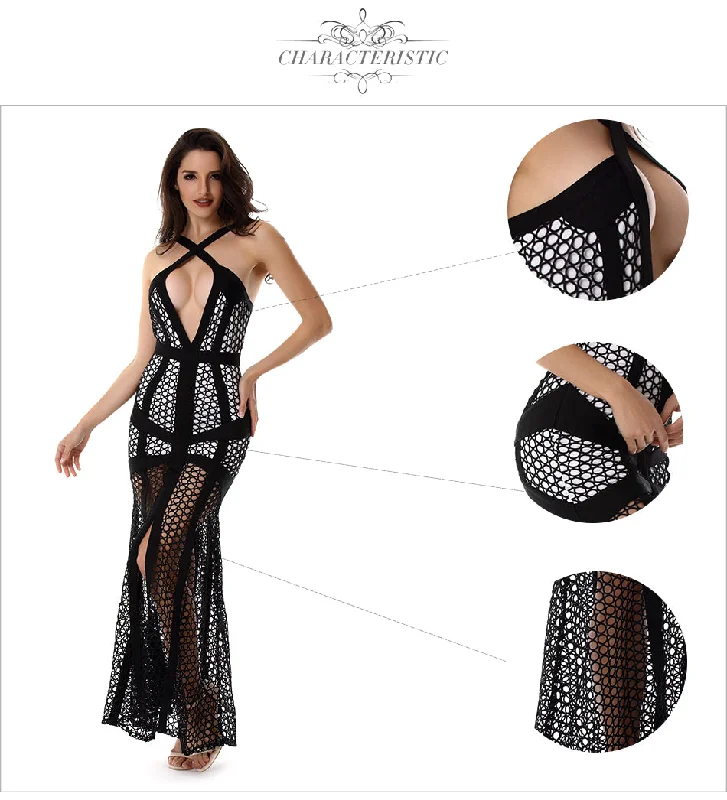 Mermaid Bandage Deep V Neck Spaghetti Strap Cut Out Maxi Dress Cozy Knit Maxi Dress