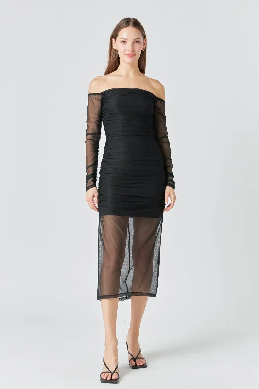 Mesh Off the Shoulder Maxi Dress Fashionable Maxi Dress with Fringe