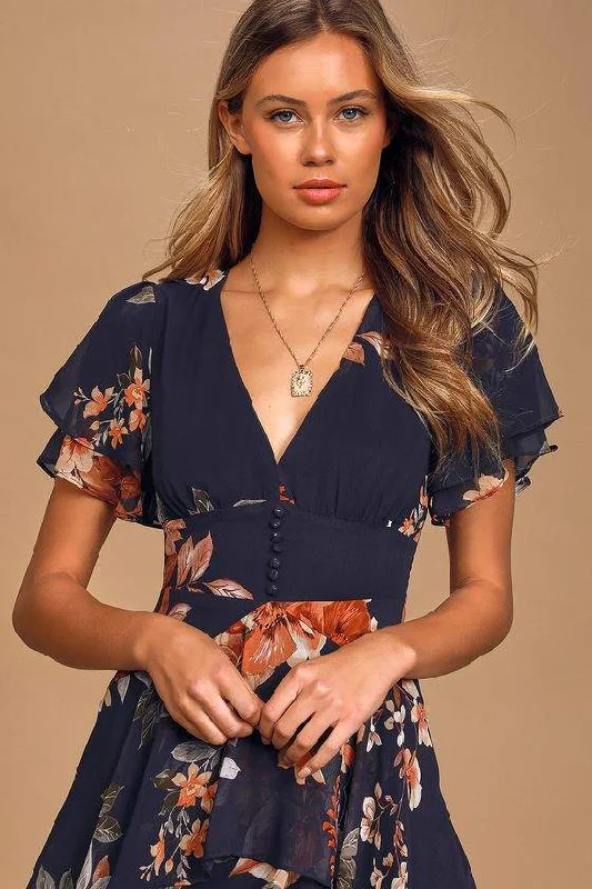 MIDNIGHT MOOD NAVY BLUE FLORAL PRINT TIERED MAXI DRESS Stylish One-Shoulder Maxi Dress