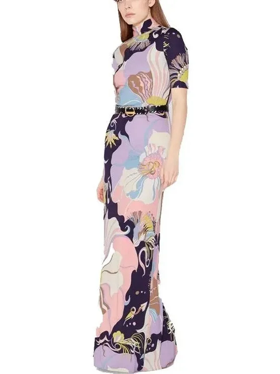 Mirabilis Print High Neck Maxi Dress Classic Solid Maxi Dress