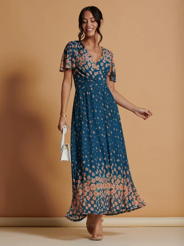 Mirrored Mesh Angel Sleeve Maxi Dress, Teal Cozy Wrap Maxi Dress