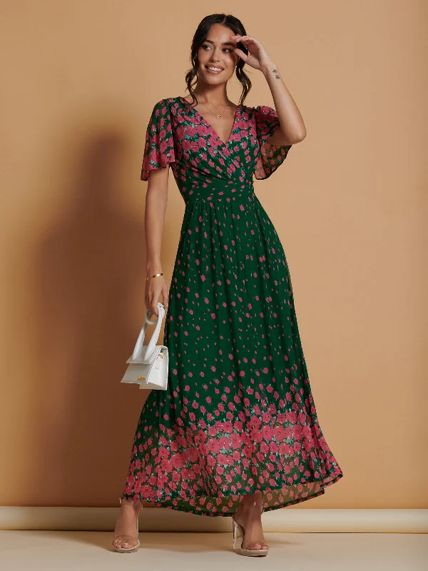 Mirrored Mesh Angel Sleeve Maxi Dress, Green Floral Classic Solid Maxi Dress