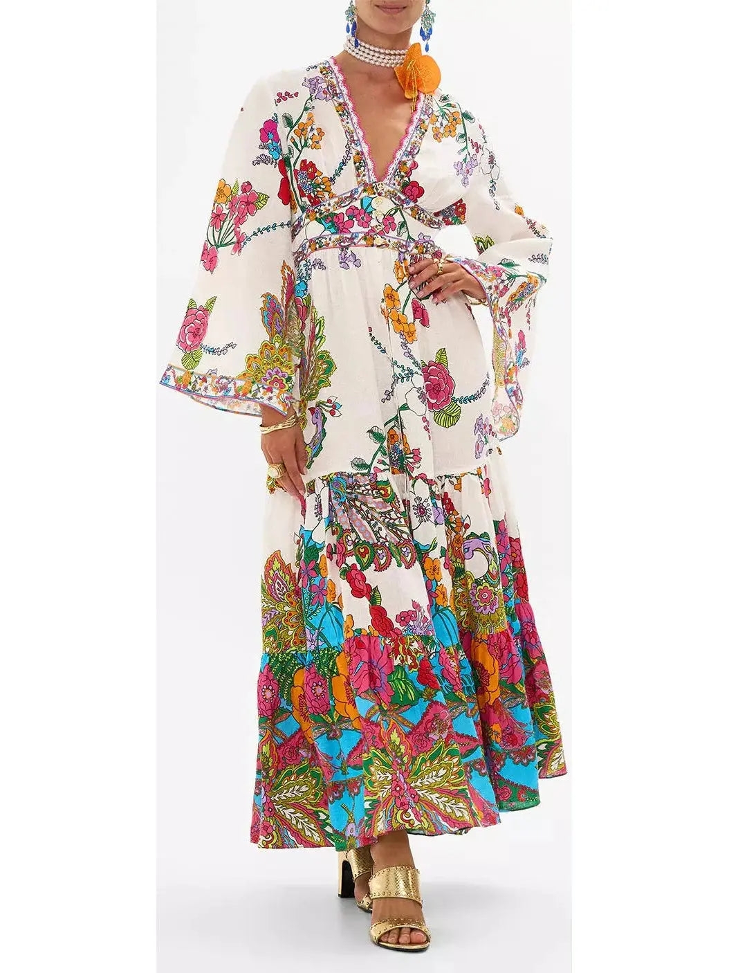 Multicolored Floral-Printed Tiered Linen Maxi Dress Classic Black Maxi Dress
