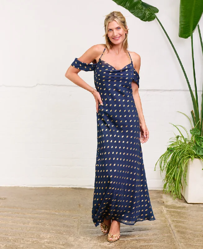 Navy Foil Cold Shoulder Maxi Dress Classic A-Line Maxi Dress