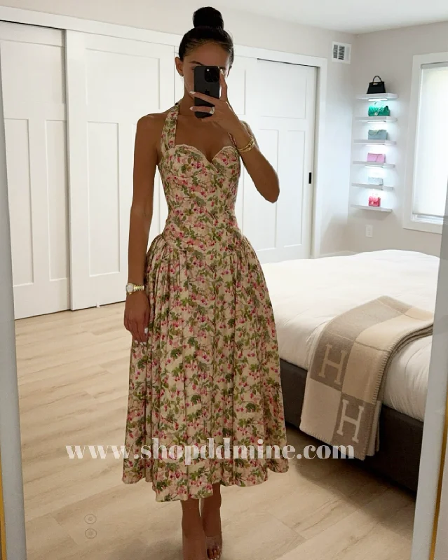 NIYA FLORAL PRINT LINEN HALTER CORSET MAXI DRESS Cozy Spaghetti Strap Maxi Dress