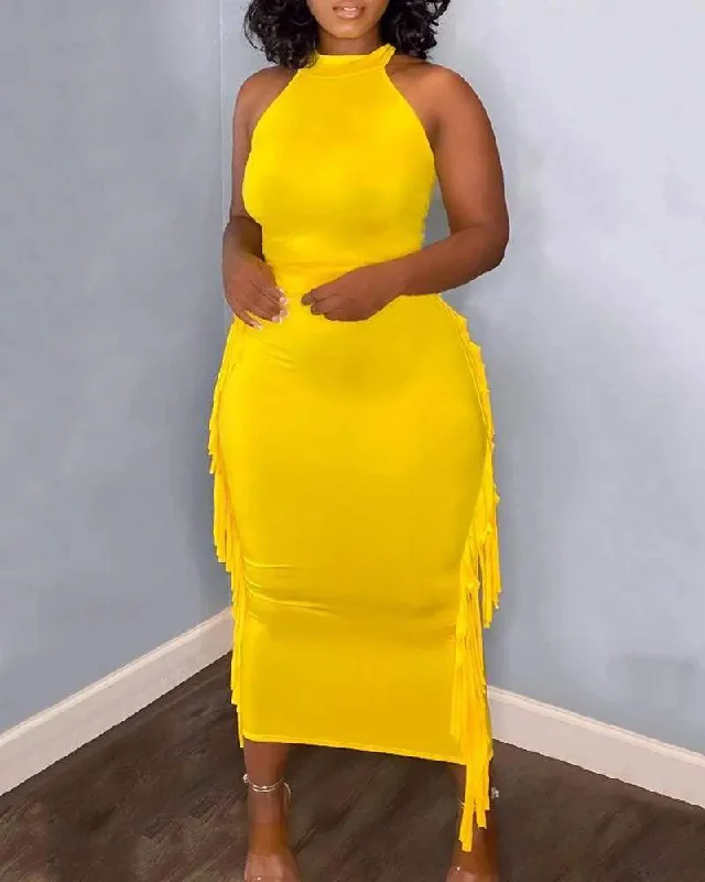 O NECK SLEEVELESS FRINGE DECOR MAXI DRESS Fashionable Sleeveless Maxi Dress