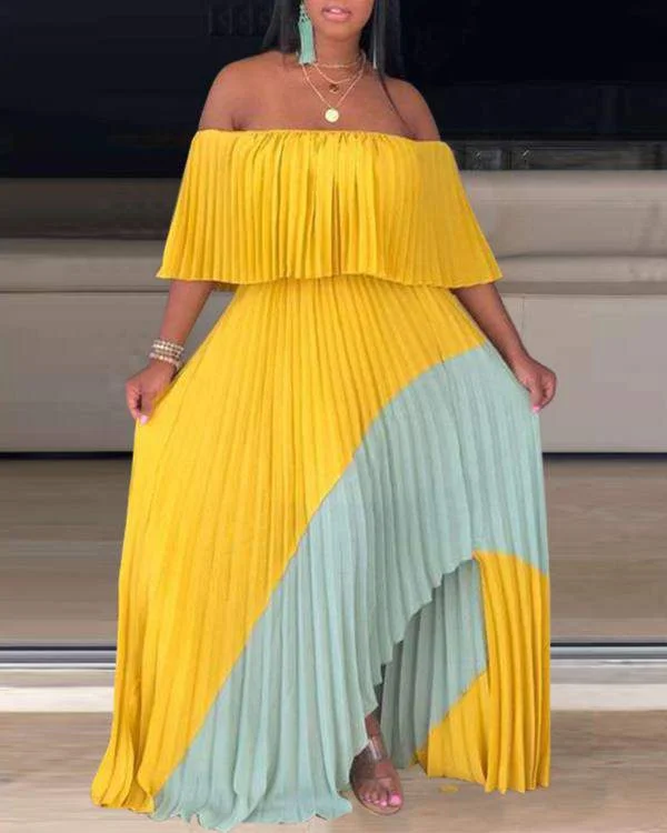 Off Shoulder Colorblock Ruched Maxi Dress Trendy V-Neck Maxi Dress
