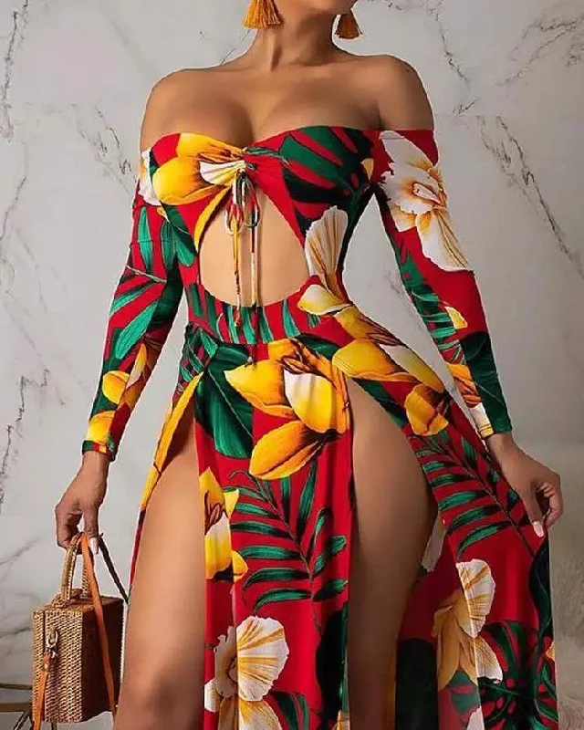 OFF SHOULDER FLORAL PRINT SLIT MAXI DRESS Fashionable High-Low Maxi Dress