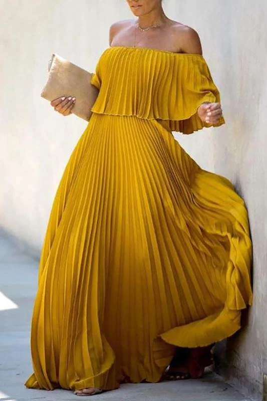 OFF SHOULDER PLEATED MAXI DRESS Trendy Ruffled Maxi Dress