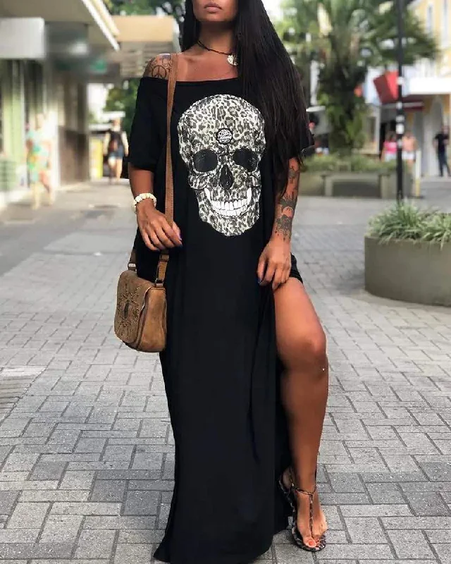 OFF SHOULDER SKULL PRINT SLIT MAXI DRESS Elegant Maxi Dress with Drapes