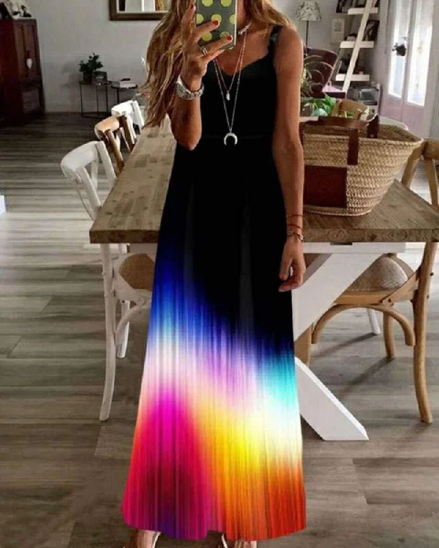 Ombre Colorblock VNeck Sleeveless Maxi Dress Trendy Off-Shoulder Ruffle Maxi Dress