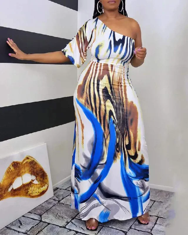 ONE SHOULDER ANIMAL PATTERN PRINT MAXI DRESS Trendy Maxi Dress with Lace