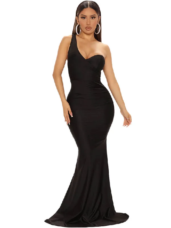 One Shoulder Sleeveless Ruched Bodycon Maxi Dresses Cozy Knitted Maxi Dress
