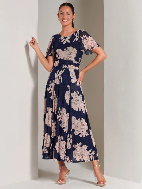 Paityn Angel Sleeve Mesh Maxi Dress, Navy Floral Stylish Boho Maxi Dress