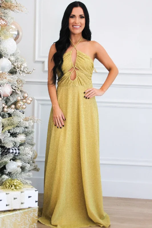 Pandora Shimmer Cutout Maxi Dress: Gold Cozy Cold-Shoulder Maxi Dress