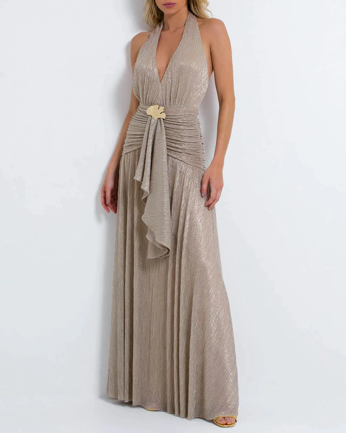 PatBo Lurex Draped Maxi Dress Elegant Maxi Dress with Belt