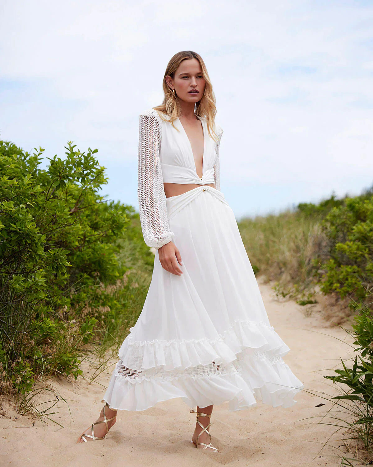 PatBo Plunge lace Sleeve Maxi Dress Stylish Maxi Dress with Frills