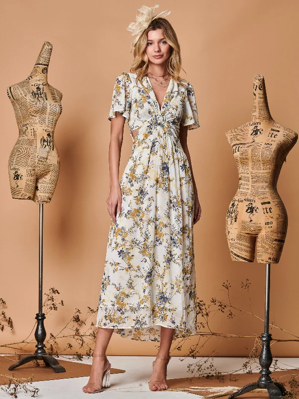 Plunge Neckline Keyhole Chiffon Maxi Dress, Cream Floral Fashionable Faux Wrap Maxi Dress Plunge Neckline Keyhole Chiffon Maxi Dress, Cream Floral Fashionable Faux Wrap Maxi Dress