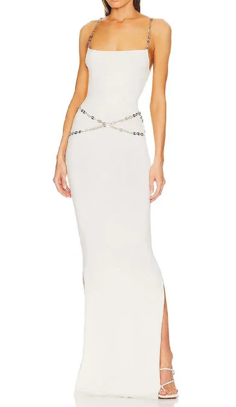 CRYSTAL STRAPPY BANDAGE MAXI DRESS IN WHITE Elegant Tiered Maxi Dress