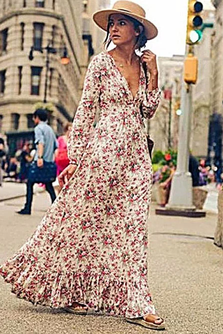 Plunging Long Sleeve Floral Maxi Dress Elegant Maxi Dress with Pockets