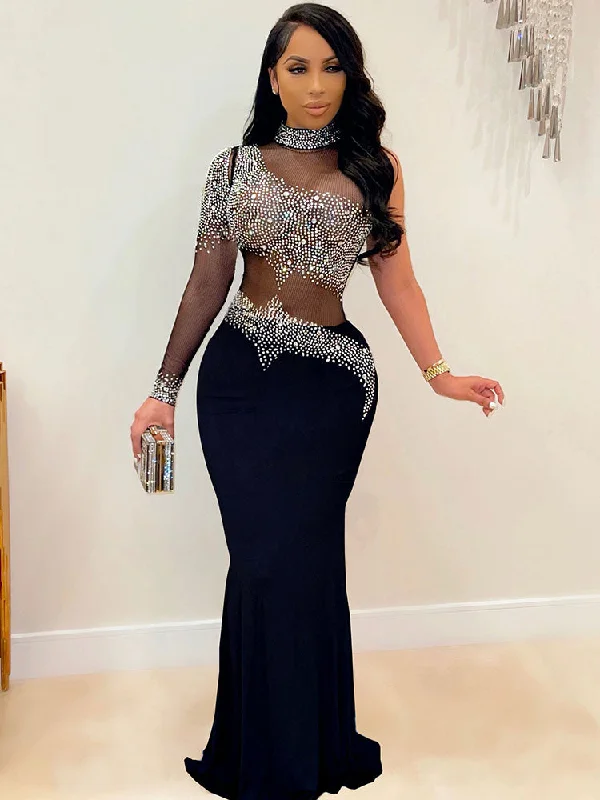 Plus Size Rhinestone Mesh Bodycon Maxi Dresses Trendy Maxi Dress with Lace