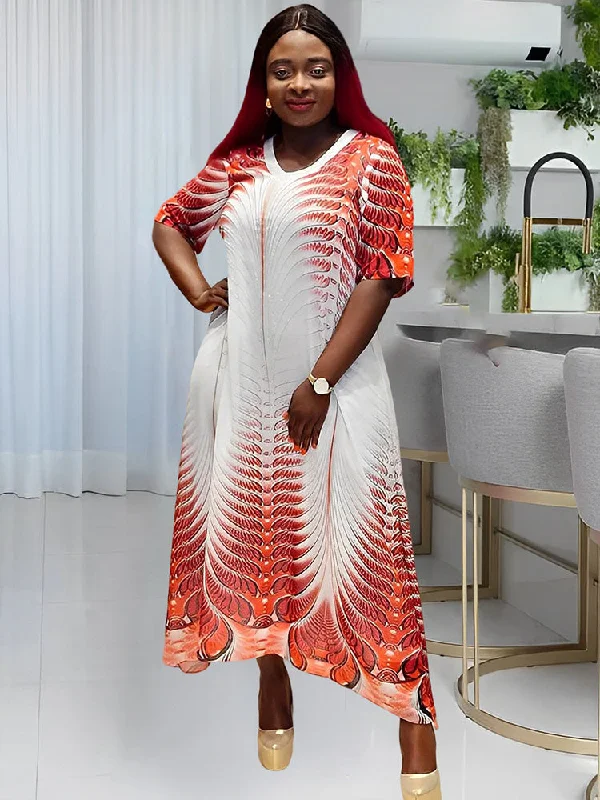 Plus Size Short Sleeves Figure Pinrt Maxi Dresses Classic Tulle Maxi Dress
