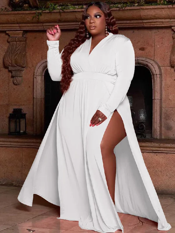Plus Size Solid Color Long Sleeve High Split Maxi Dresses Classic Strapless Maxi Dress