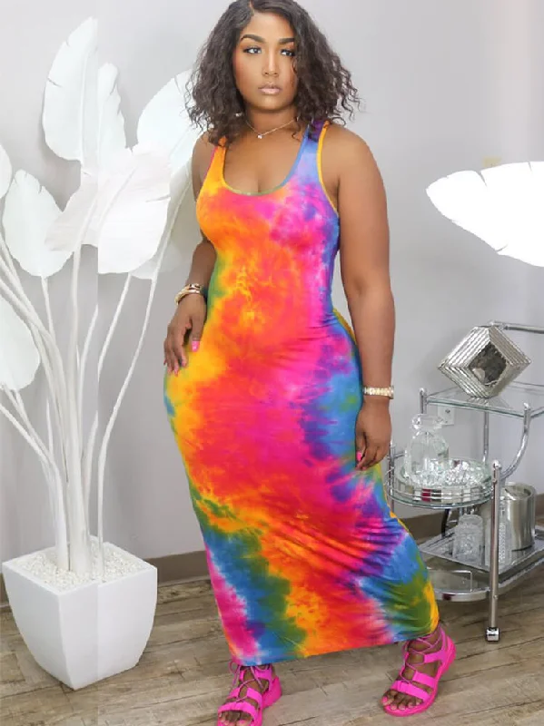 Plus Size Tie Dye Print Bodycon Maxi Dresses Chic Off-Shoulder Maxi Dress