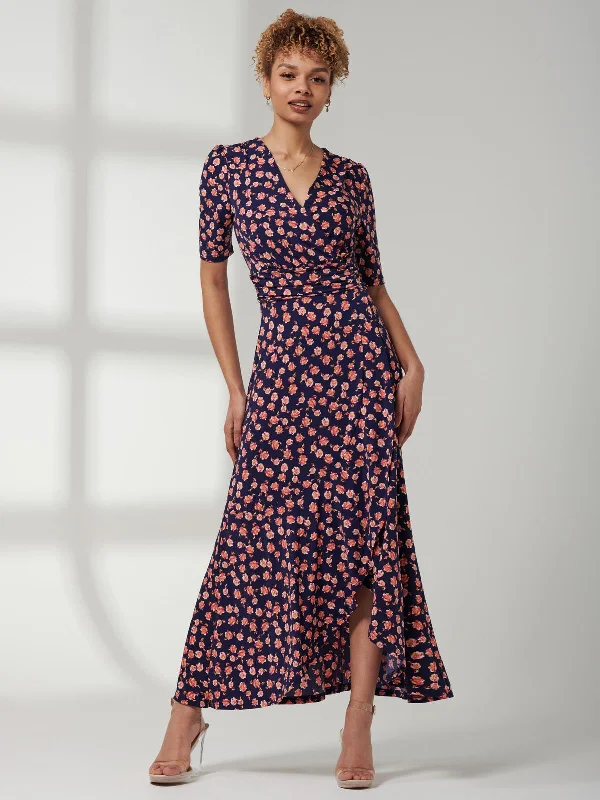 Print Viscose Frill Hem Maxi Dress, Navy Floral Elegant Pleated Maxi Dress