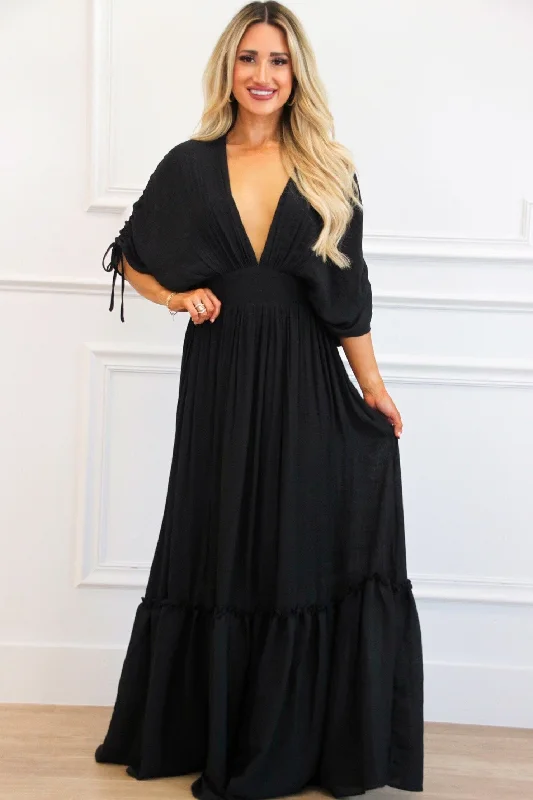 Remember When Maxi Dress: Black Comfortable Ruffle Hem Maxi Dress