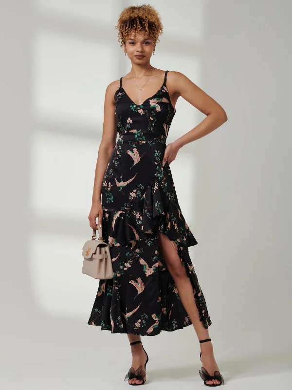 Retro Bird Print Satin Maxi Dress, Black Bird Elegant Lace-Up Maxi Dress
