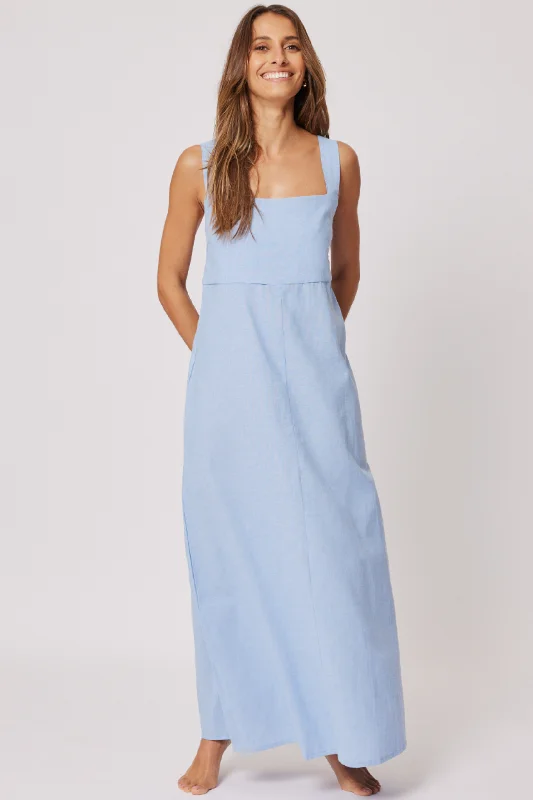 SARA MAXI DRESS - Blue Chambray Elegant Maxi Dress with Slit