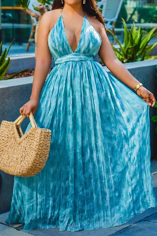 Sexy Blue Halter Open Back Maxi Dresses Trendy Floral Print Maxi Dress