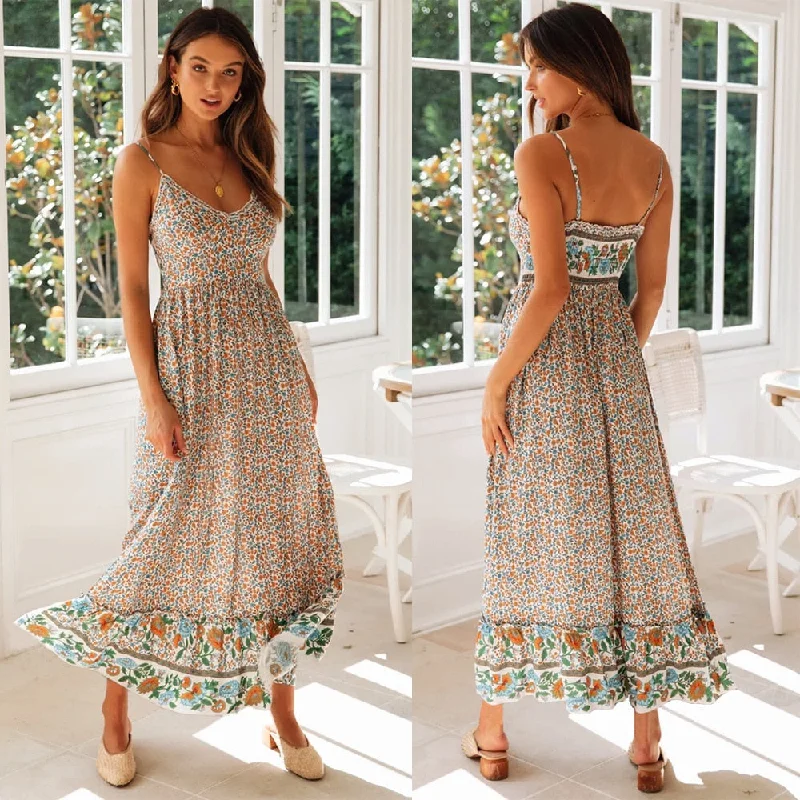 Sexy Women Bohemian Summer Holiday Maxi Dress Ruffles Strap Sleeveless Backless V-Neck Print Slim Long Dress Streetwear Cozy Wrap Maxi Dress
