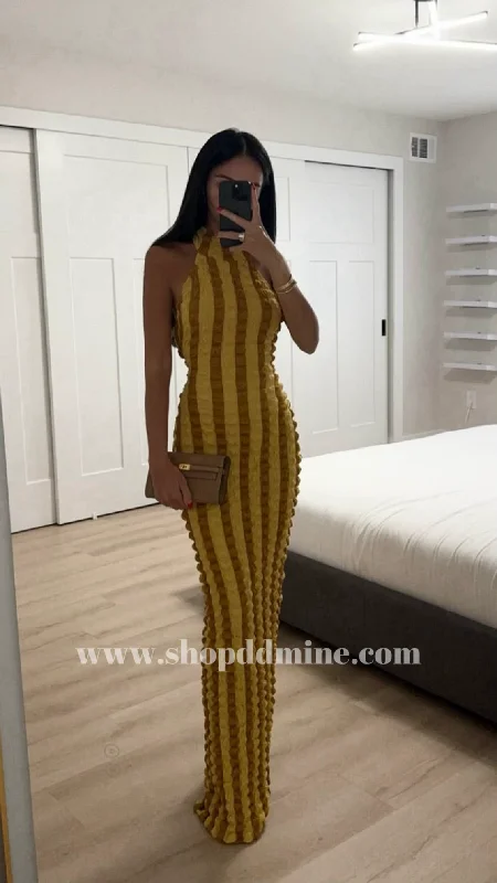 STRIPED HALTER MAXI DRESS Trendy V-Neck Maxi Dress