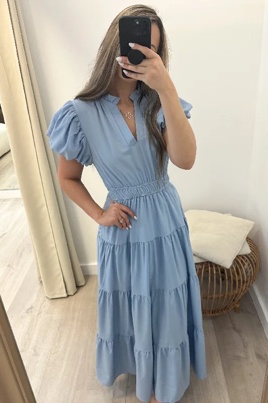 "Sunday Brunch" Maxi Dress (Chambray) Chic Off-Shoulder Maxi Dress