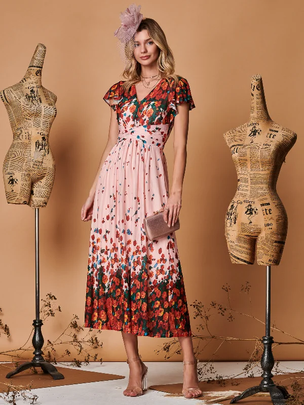 Symmetrical Floral Print Mesh Maxi Dress, Coral Pink Fashionable Faux Wrap Maxi Dress