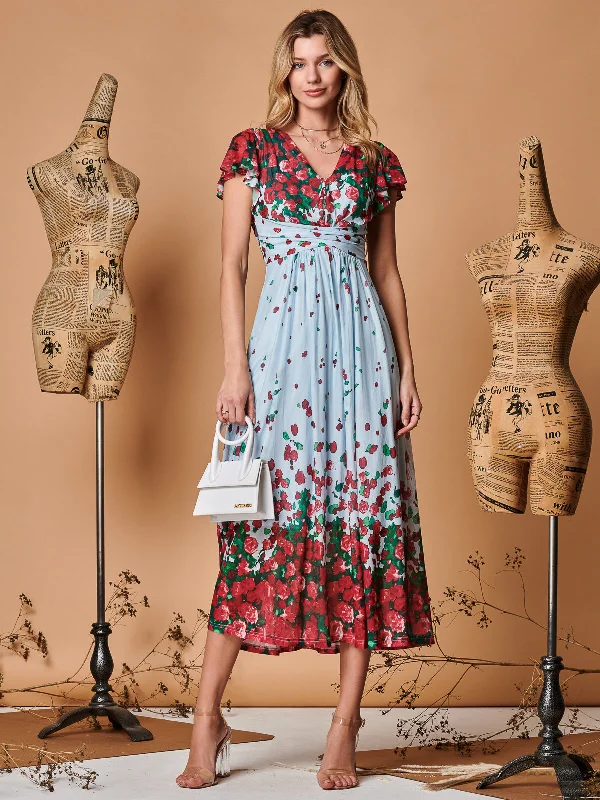 Symmetrical Floral Print Mesh Maxi Dress, Blue Multi Cozy Wrap Maxi Dress