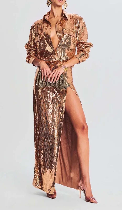 THIGH SLIT GLITTER MAXI DRESS IN METALLIC GOLD Cozy Knit Maxi Dress