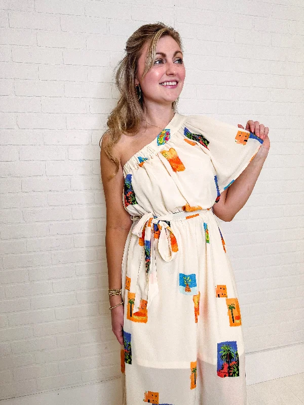 Tropical Flame One-Shoulder Maxi Dress Stylish Boho Maxi Dress