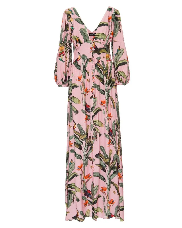 Tropical Print Button Front Maxi Dress Comfortable Bohemian Maxi Dress